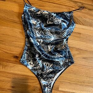 Blue and white satin dragon bodysuit